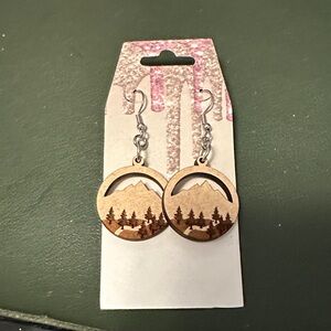 Wooden Mountain & Tree Round Dangle Earrings - Natural Wood